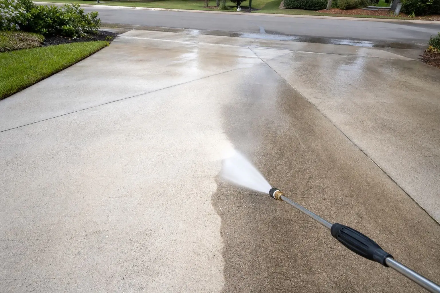 A pressure washer lance cleaning a concrete driveway, leaving a clean strip beside the dirty surface.